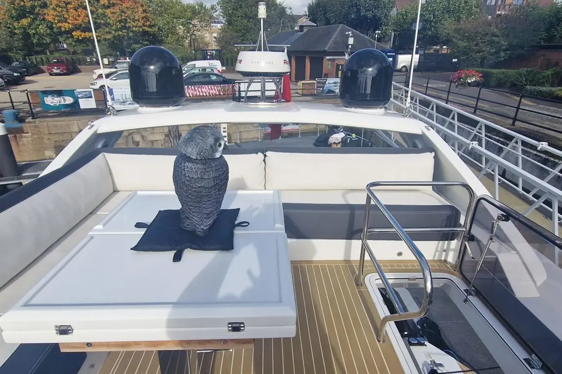 A leisure boat deck featuring a decorative owl statue on a table, with plush seating and nearby buildings in the background.
